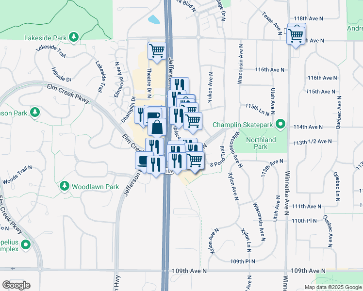 map of restaurants, bars, coffee shops, grocery stores, and more near 11401 Marketplace Drive North in Champlin
