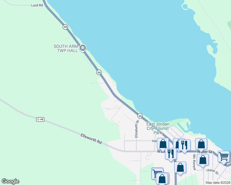 map of restaurants, bars, coffee shops, grocery stores, and more near 494-584 North Lake Street in East Jordan