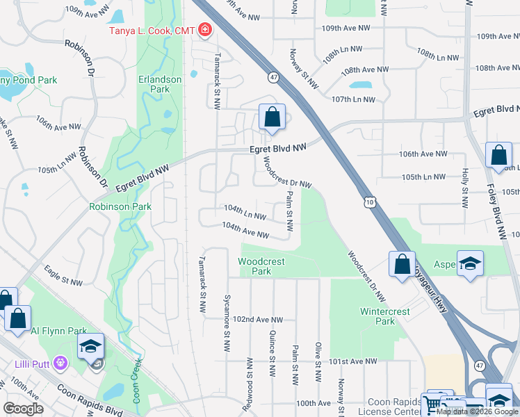 map of restaurants, bars, coffee shops, grocery stores, and more near 923 104th Lane Northwest in Coon Rapids