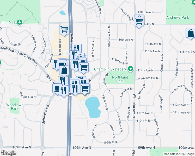 map of restaurants, bars, coffee shops, grocery stores, and more near 8418 South Pond Trail in Champlin