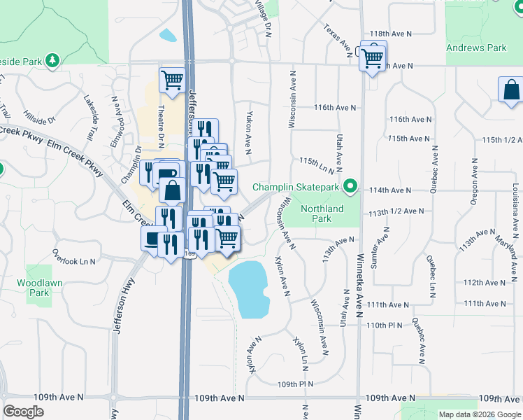 map of restaurants, bars, coffee shops, grocery stores, and more near 8418 South Pond Trail in Champlin