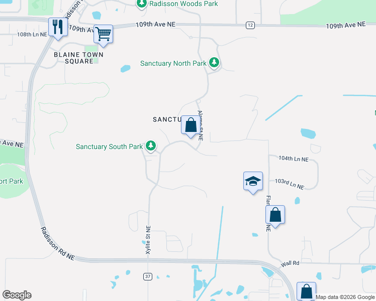 map of restaurants, bars, coffee shops, grocery stores, and more near 2732 105th Avenue Northeast in Blaine