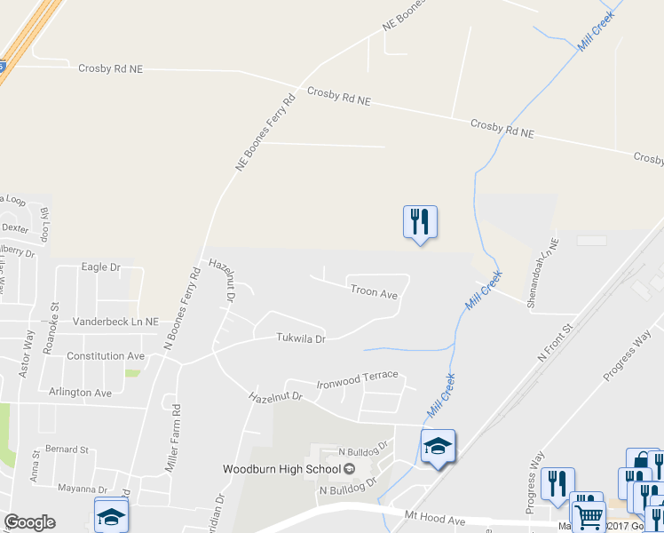 map of restaurants, bars, coffee shops, grocery stores, and more near 2878 Olympic Street in Woodburn