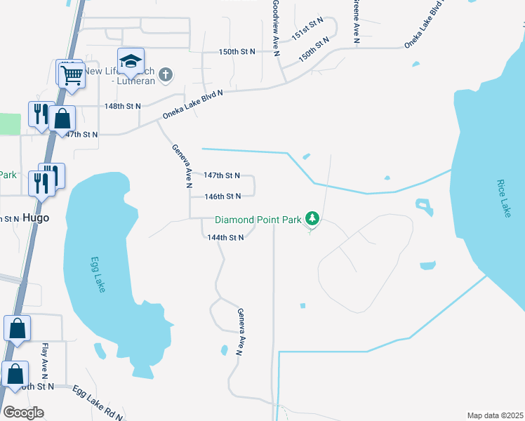 map of restaurants, bars, coffee shops, grocery stores, and more near 6296 145th Street North in Hugo
