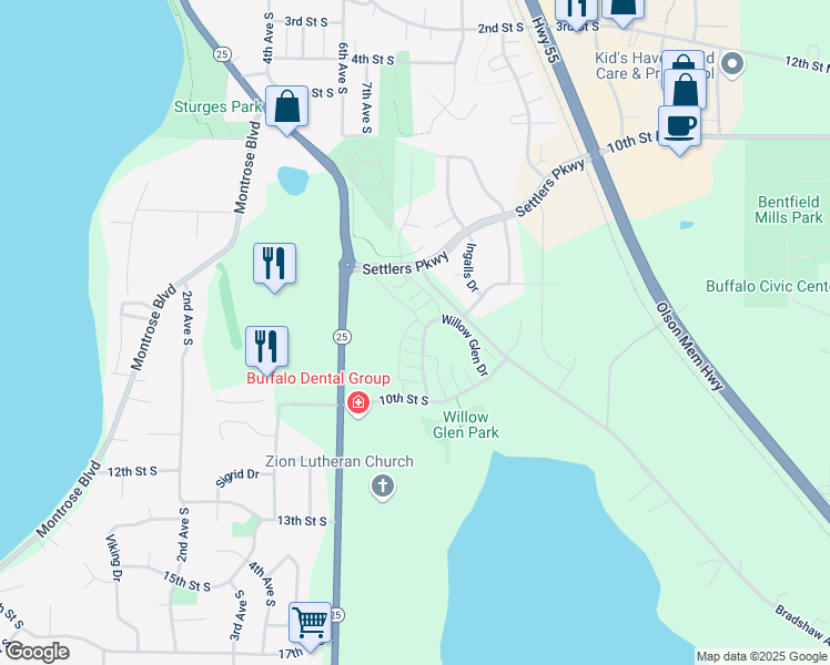 map of restaurants, bars, coffee shops, grocery stores, and more near 771 Willow Glen Drive in Buffalo