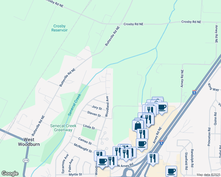 map of restaurants, bars, coffee shops, grocery stores, and more near 1750 Woodland Avenue in Woodburn