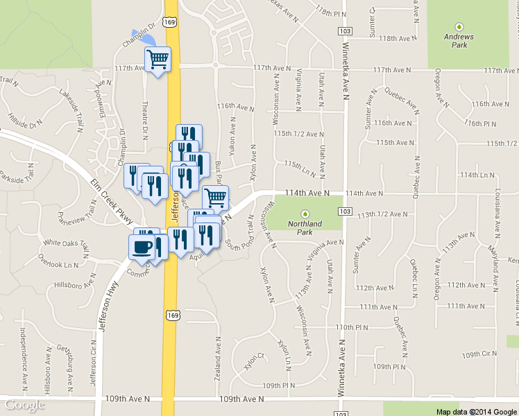map of restaurants, bars, coffee shops, grocery stores, and more near 8401 South Pond Trail in Champlin