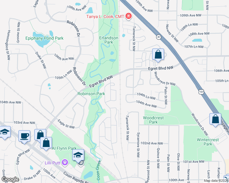 map of restaurants, bars, coffee shops, grocery stores, and more near 10470 Vale Street Northwest in Minneapolis