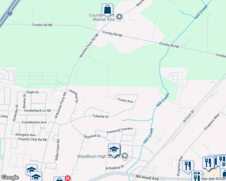 map of restaurants, bars, coffee shops, grocery stores, and more near 2920 Olympic Street in Woodburn