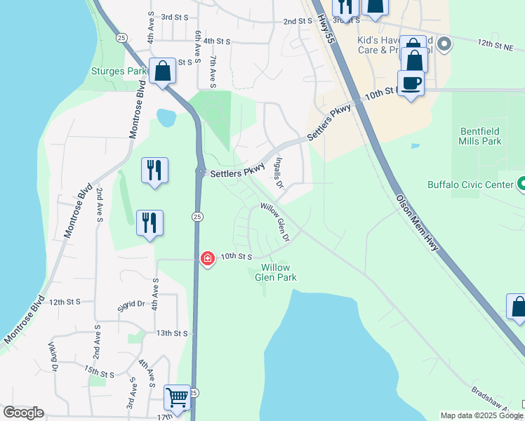 map of restaurants, bars, coffee shops, grocery stores, and more near 904 Willow Glen Drive in Buffalo