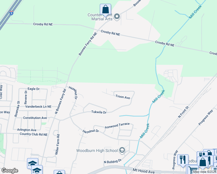 map of restaurants, bars, coffee shops, grocery stores, and more near 2878 Olympic Street in Woodburn
