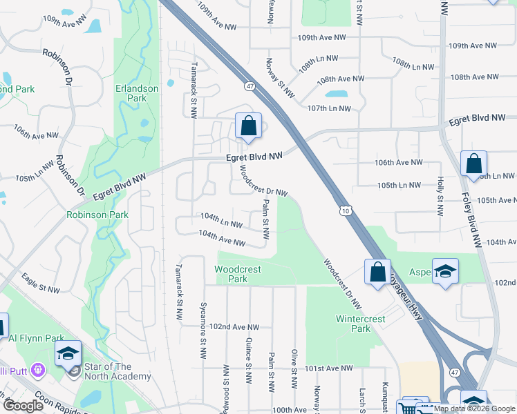 map of restaurants, bars, coffee shops, grocery stores, and more near 817 105th Avenue Northwest in Minneapolis
