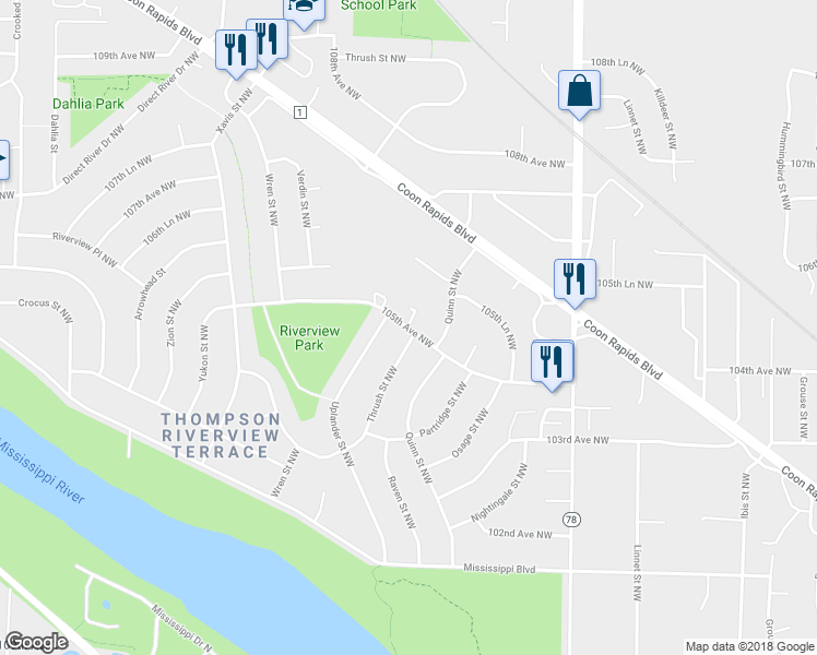 map of restaurants, bars, coffee shops, grocery stores, and more near 2213 105th Avenue Northwest in Coon Rapids