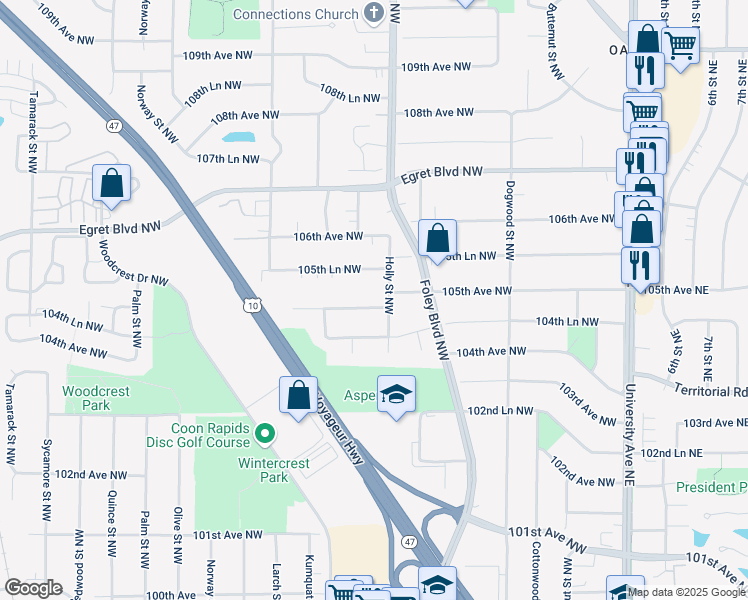 map of restaurants, bars, coffee shops, grocery stores, and more near 411 105th Avenue Northwest in Minneapolis