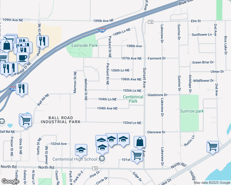 map of restaurants, bars, coffee shops, grocery stores, and more near 4824 105th Lane Northeast in Circle Pines