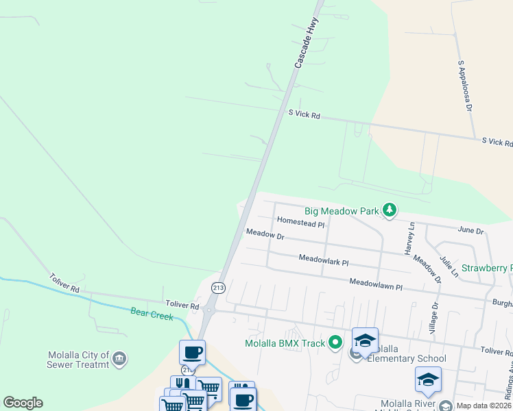 map of restaurants, bars, coffee shops, grocery stores, and more near 1418 Mount View Lane in Molalla
