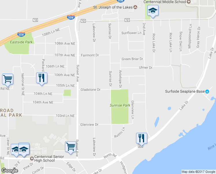 map of restaurants, bars, coffee shops, grocery stores, and more near 7009 Sunrise Drive in Circle Pines