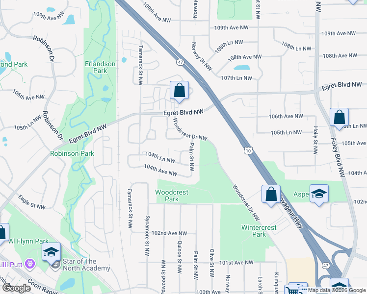 map of restaurants, bars, coffee shops, grocery stores, and more near 817 105th Avenue Northwest in Minneapolis