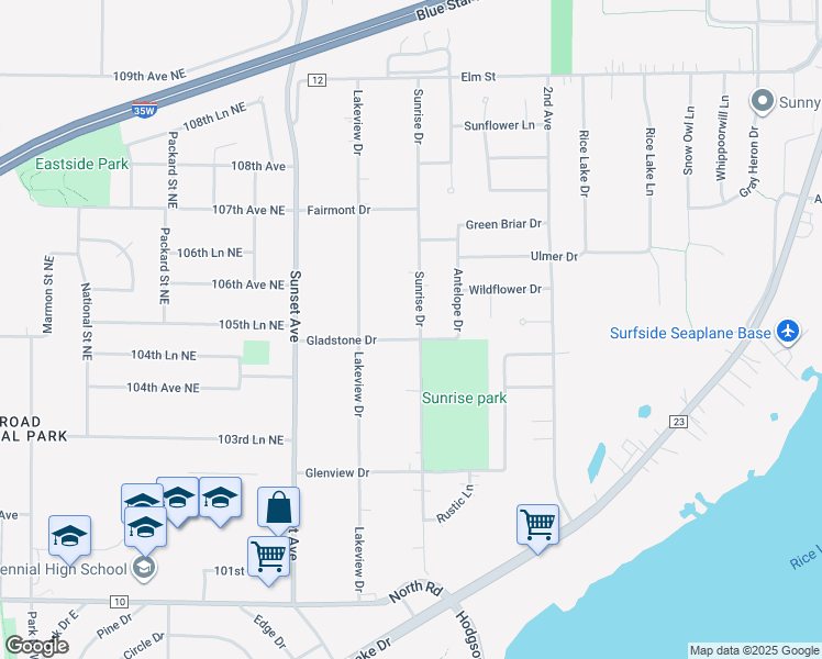 map of restaurants, bars, coffee shops, grocery stores, and more near 7009 Sunrise Drive in Circle Pines