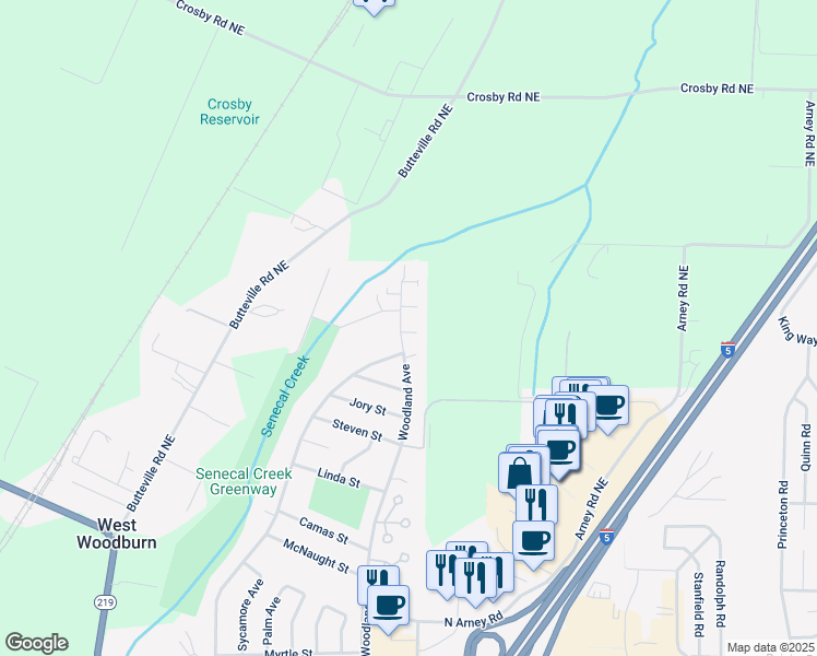 map of restaurants, bars, coffee shops, grocery stores, and more near 1750 Woodland Avenue in Woodburn