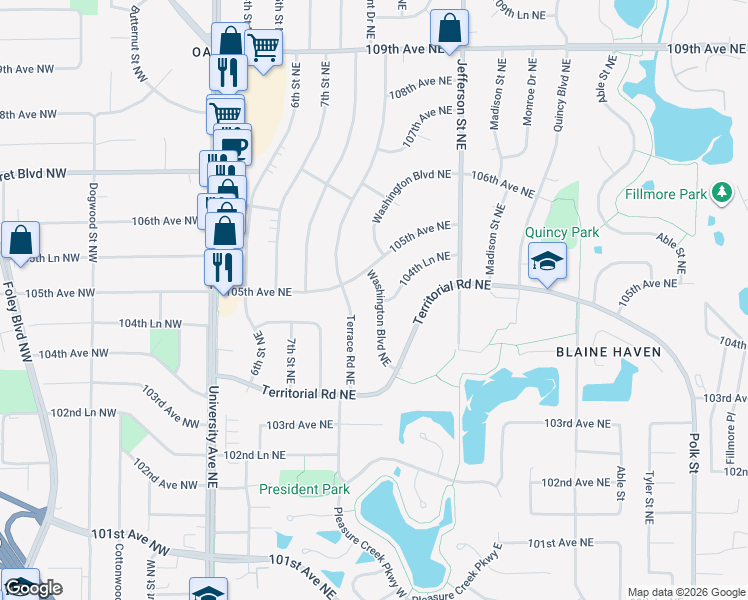 map of restaurants, bars, coffee shops, grocery stores, and more near 10480 Washington Boulevard Northeast in Blaine