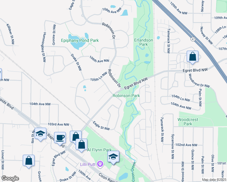 map of restaurants, bars, coffee shops, grocery stores, and more near 10441 Avocet Street Northwest in Coon Rapids