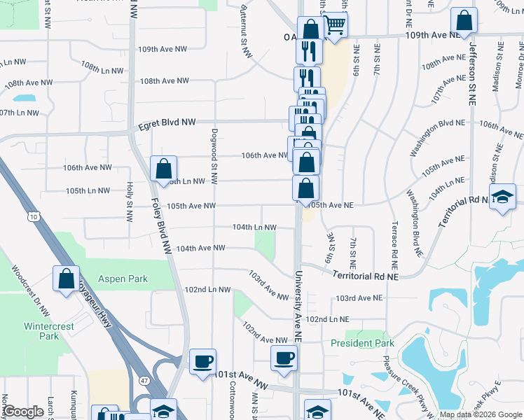 map of restaurants, bars, coffee shops, grocery stores, and more near 10465 Butternut Street Northwest in Minneapolis