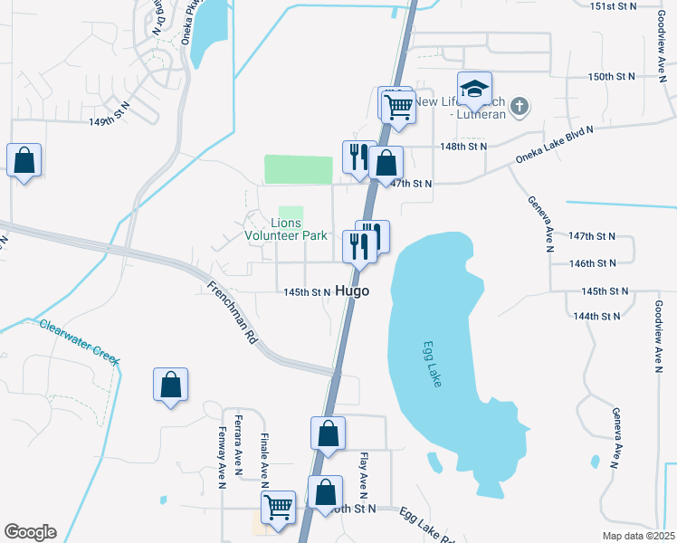 map of restaurants, bars, coffee shops, grocery stores, and more near in Hugo