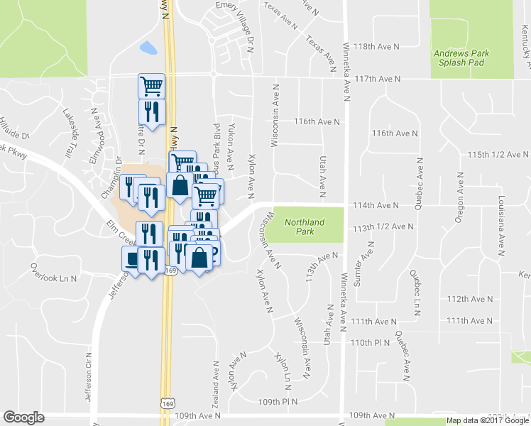map of restaurants, bars, coffee shops, grocery stores, and more near 8401 South Pond Trail in Champlin