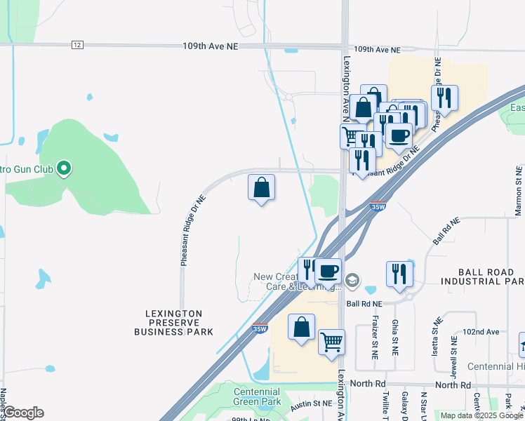 map of restaurants, bars, coffee shops, grocery stores, and more near 4000 Pheasant Ridge Drive Northeast in Blaine