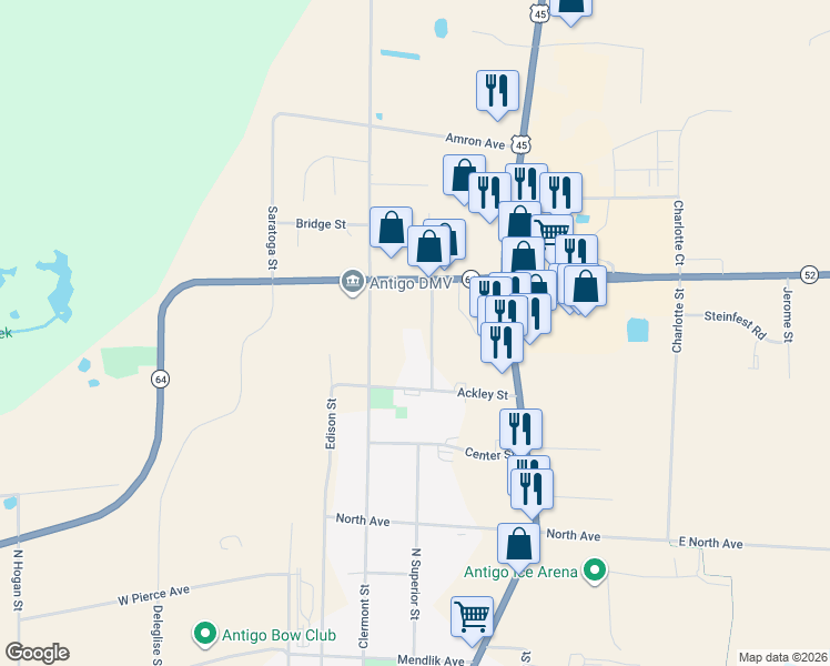 map of restaurants, bars, coffee shops, grocery stores, and more near 2120 Progress Boulevard in Antigo