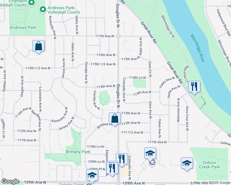 map of restaurants, bars, coffee shops, grocery stores, and more near 11334 Edgewood Avenue North in Champlin