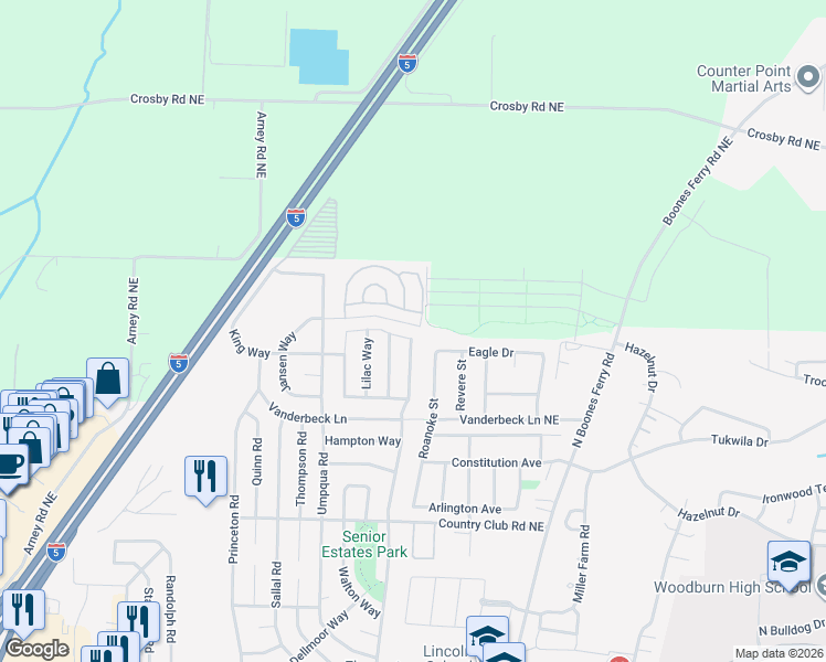map of restaurants, bars, coffee shops, grocery stores, and more near 2194 Camellia Way in Woodburn