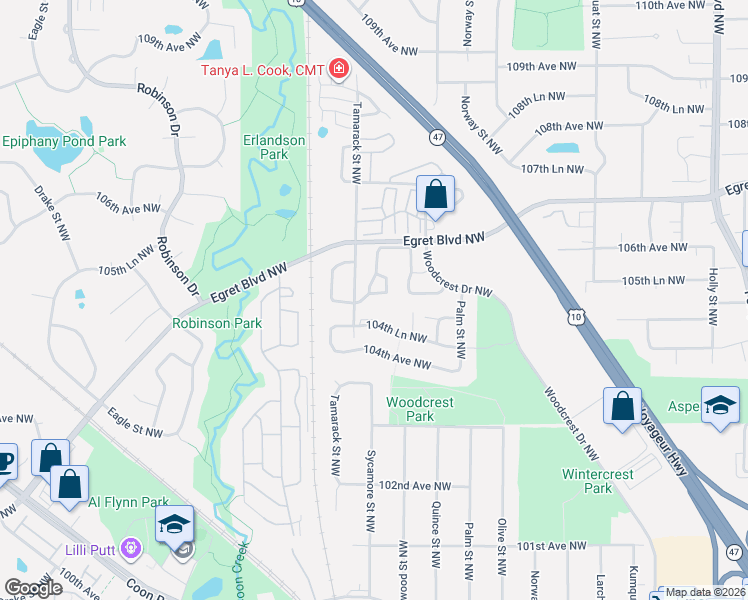 map of restaurants, bars, coffee shops, grocery stores, and more near 967 104th Lane Northwest in Coon Rapids
