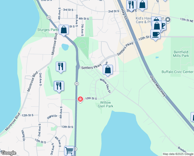 map of restaurants, bars, coffee shops, grocery stores, and more near 771 Willow Glen Drive in Buffalo