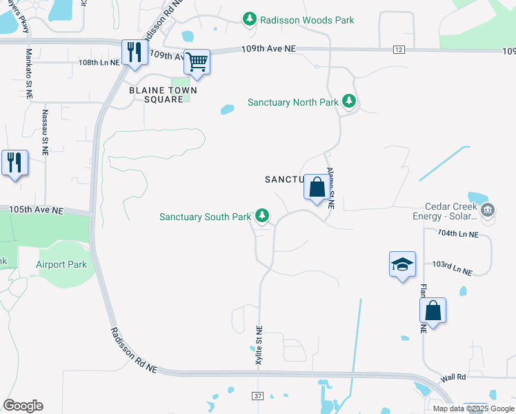 map of restaurants, bars, coffee shops, grocery stores, and more near 10460 Vermillion Circle Northeast in Blaine