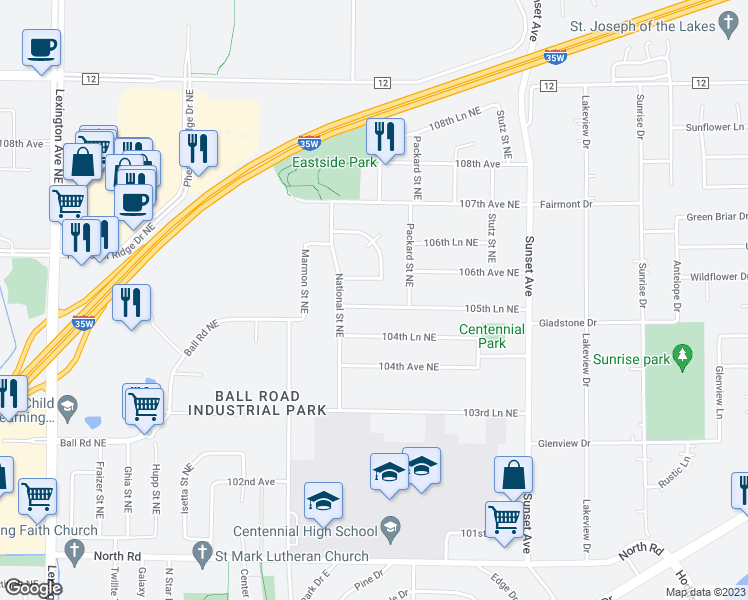 map of restaurants, bars, coffee shops, grocery stores, and more near 4733 105th Lane Northeast in Circle Pines