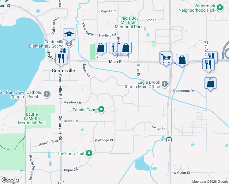 map of restaurants, bars, coffee shops, grocery stores, and more near 7001 Eagle Trail in Centerville