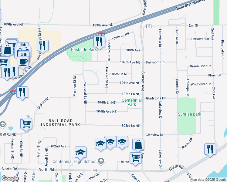 map of restaurants, bars, coffee shops, grocery stores, and more near 4824 105th Lane Northeast in Circle Pines