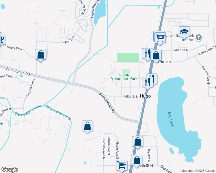 map of restaurants, bars, coffee shops, grocery stores, and more near 14602 Finale Avenue North in Hugo