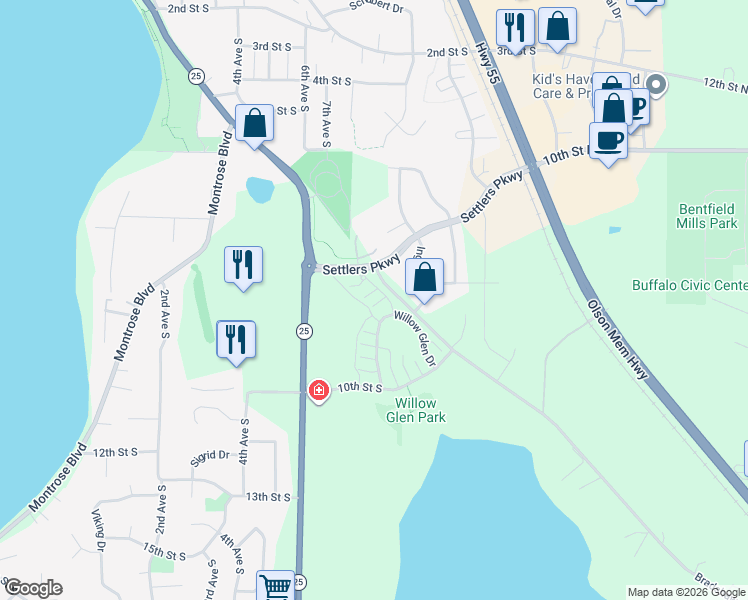 map of restaurants, bars, coffee shops, grocery stores, and more near 847 Willow Glen Court in Buffalo