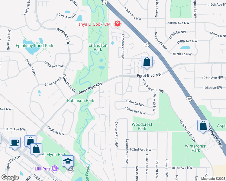 map of restaurants, bars, coffee shops, grocery stores, and more near 10470 Vale Street Northwest in Minneapolis