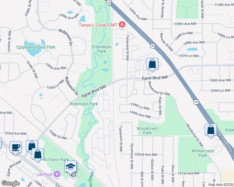 map of restaurants, bars, coffee shops, grocery stores, and more near 10470 Vale Street Northwest in Minneapolis