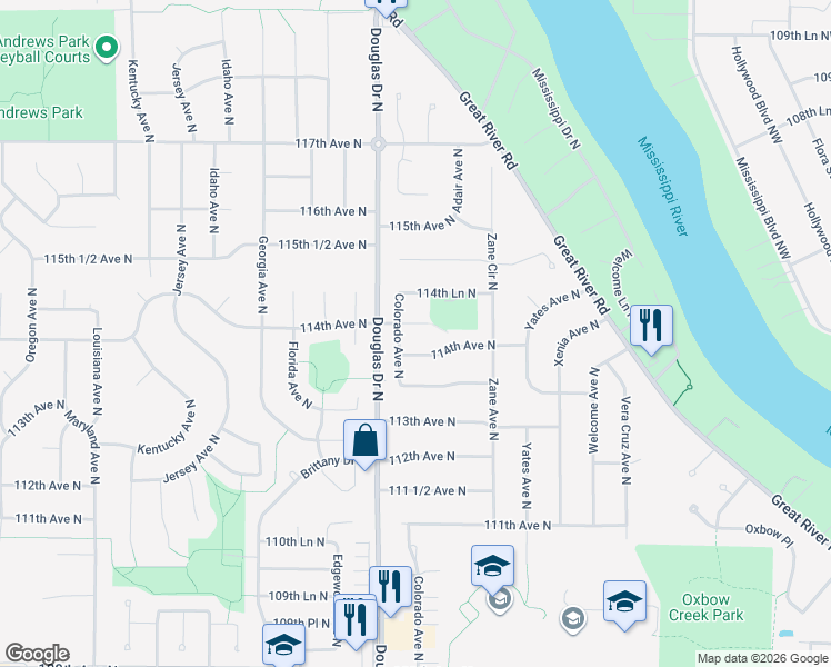 map of restaurants, bars, coffee shops, grocery stores, and more near 6109 114th Avenue North in Champlin