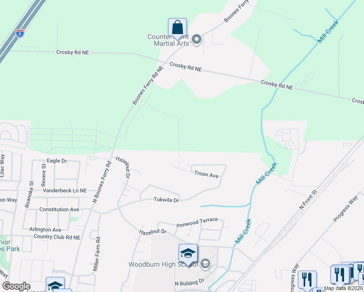 map of restaurants, bars, coffee shops, grocery stores, and more near 3076 Olympic Street in Woodburn