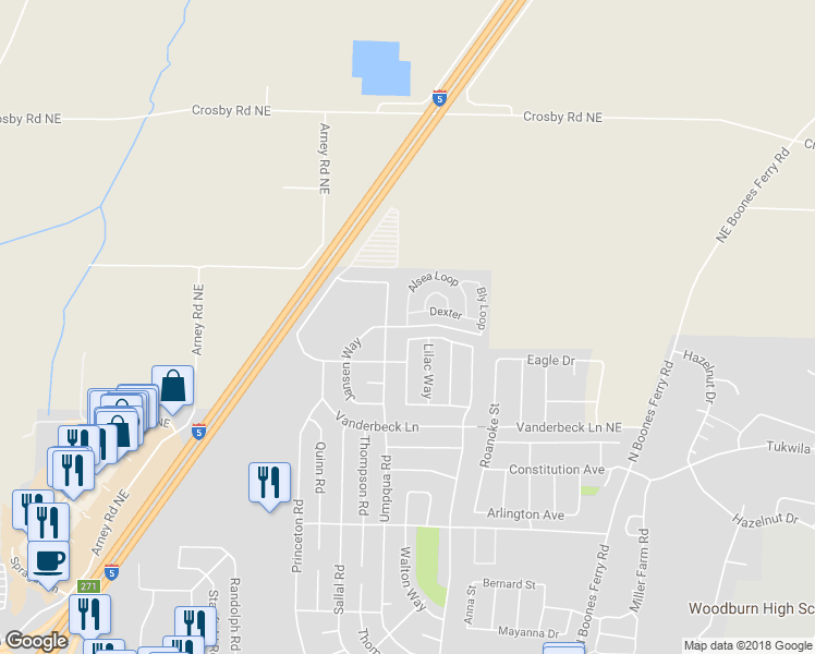 map of restaurants, bars, coffee shops, grocery stores, and more near 1901 Jansen Way in Woodburn
