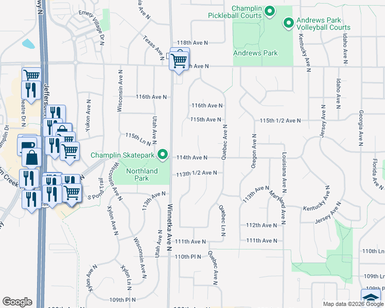 map of restaurants, bars, coffee shops, grocery stores, and more near 7718 114th Avenue North in Champlin