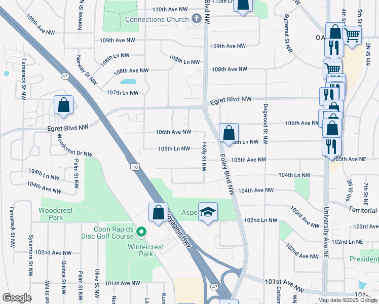 map of restaurants, bars, coffee shops, grocery stores, and more near 411 105th Avenue Northwest in Minneapolis