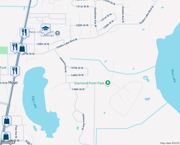 map of restaurants, bars, coffee shops, grocery stores, and more near 6296 145th Street North in Hugo