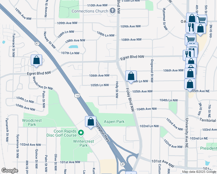 map of restaurants, bars, coffee shops, grocery stores, and more near 411 105th Avenue Northwest in Minneapolis